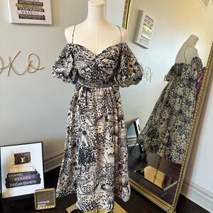 Black and White Off-Shoulder Dress, ink-painting style fabric